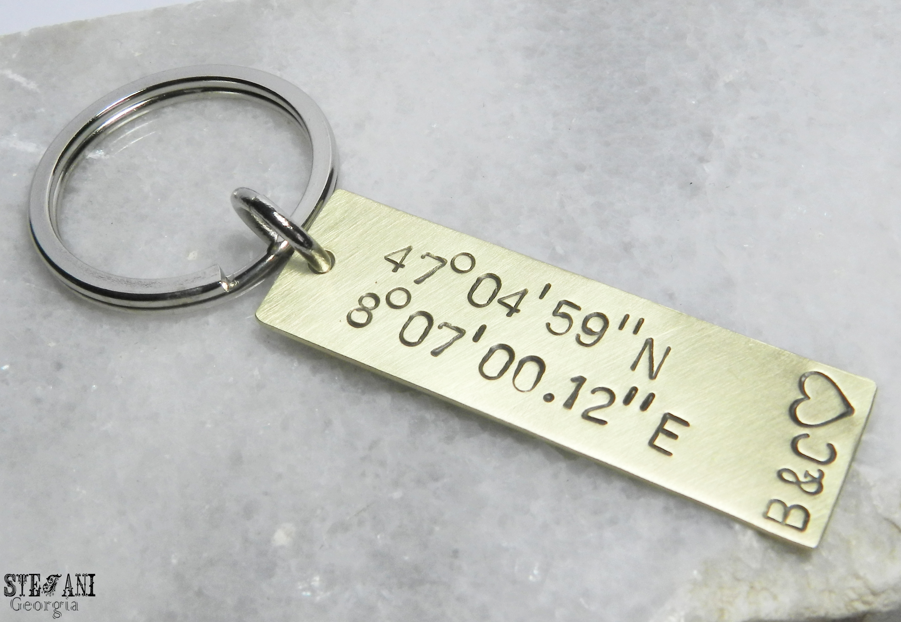 Personalized Brass Coordinates Tag Keychain.Valentines Day.Fathers Day Gift.Initial Keychain